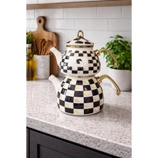 PremiumPort Emaye Çaydanlık Takımı, Love Birds ve Dama Desenleri, Şık ve Modern Tarz