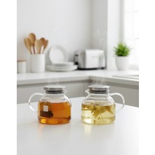 PremiumPort Iki Parça Metal Kapaklı 1000ML Cam Demlik, Isıya Dayanıklı Çay ve Kahve Seti