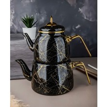 PremiumPort Siyah Kırık Mermer Desenli Emaye Lüx Çaydanlık, Şık ve Dayanıklı Tasarım