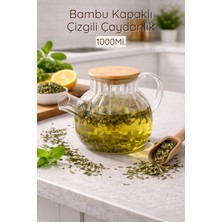 PremiumPort Bambu Kapaklı Çizgili Borosilikat Cam Çaydanlık 1000 ml