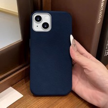 Ucuc iPhone 14 Plus/15 Plus Uyumlu Mavi Deri Dokulu Silikon Kamerayı Korur Şok Emici Kılıf
