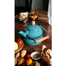 PremiumPort Turkuaz Emaye Demlik 2.5 Litre, Ahşap Saplı, Vintage Stil