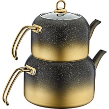 PremiumPort Eko Granit Çaydanlık Seti, 4 Parça, Cam Kapak, Gold Renk