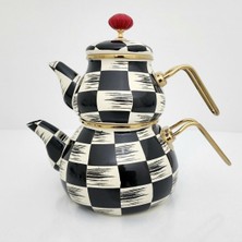 PremiumPort Emaye Damalı Tombul Çaydanlık Takımı, Şık ve Dayanıklı Mutfak Seti