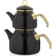 PremiumPort Şık Emaye Çaydanlık Takımı, Siyah Gold Üst, 1300 ml ve 2500 ml Seçenekleri