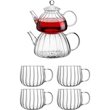 PremiumPort Şeffaf Borosilikat Cam Çaydanlık ve 4 Dilimli Cam Kupa Seti