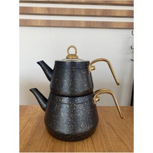 PremiumPort Gold Renk Kulplu Cam Kapaklı Granit Çaydanlık, Siyah Üst Demlik 1l + Alt Demlik 2l