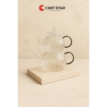 PremiumPort Modern 2'li Çizgili Cam Demlik Seti, Şeffaf Siyah Kulplu Çaydanlık