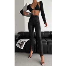 Boom Bester Kadın Şardonlu Deri Pantolon Dar Paça Yırtmaçlı