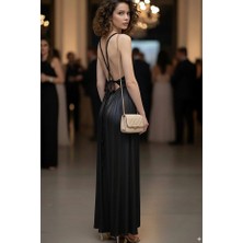 Fashion Cocktail Helen Örgü Sırt Bağlamalı Mat Yumuşacık Saten Yırtmaçlı Bohem Yazlık Uzun Helenistik Gece Elbise