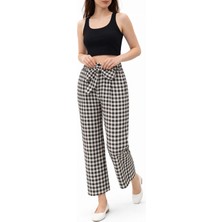 Eva Clothing Siyah Beyaz Pötikare Bağlamalı Yüksel Bel Pantolon