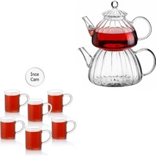 PremiumPort Ateşe Dayanıklı Borasilikat Çaydanlık ve Kupa Takımı (6 Adet) Hediyeli