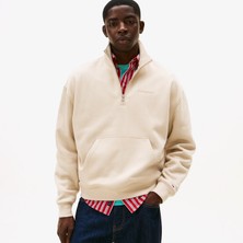 Tommy Hilfiger Jeans 90S Script Rib Fleece 1/4 Zipped Erkek Bej Sweatshirt.aby