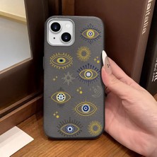 Ucuc iPhone 14 Plus/15 Plus Uyumlu Gri Deri Dokulu Silikon Kamerayı Korur Şok Emici Nazar Boncuğu Kılıf