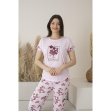 Estiva Kadın Yazlık Çiçek Desenli Kısa Kollu Viskon Pijama Takımı - Pembe
