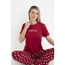 Estiva Kadın Yazlık Superbly Yazılı Kısa Kollu Soft Pijama Takımı - Kırmızı