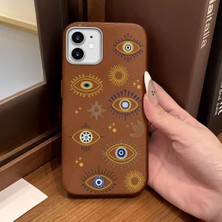 Ucuc iPhone 12/12 Pro Uyumlu Kahverengi Deri Dokulu Silikon Kamerayı Korur Şok Emici Nazar Boncuğu Kılıf