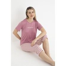 Estiva Kadın Yazlık Çizgili Kısa Kollu Kaprili Soft Pijama Takımı - Pembe