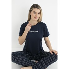 Estiva Kadın Yazlık Sunday Night Yazılı Kısa Kollu Soft Pijama Takımı - Lacivert