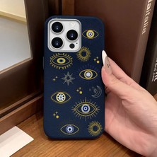 Ucuc iPhone 16 Pro Uyumlu Mavi Deri Dokulu Silikon Kamerayı Korur Şok Emici Nazar Boncuğu Kılıf