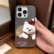 Ucuc iPhone 15 Pro Uyumlu Gri Deri Dokulu Silikon Kamerayı Korur Şok Emici Sevimli Köpek Deseni Kılıf