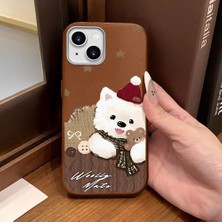 Ucuc iPhone 14 Plus/15 Plus Uyumlu Kahverengi Deri Dokulu Silikon Kamerayı Korur Şok Emici Sevimli Köpek Deseni Kılıf