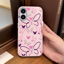 Ucuc iPhone 16 Uyumlu Pembe Deri Dokulu Silikon Kamerayı Korur Şok Emici Kelebek Kılıf