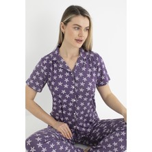 Estiva Kadın Yazlık Yıldız Desenli Önden Düğmeli Kısa Kollu Soft Pijama Takımı - Lila