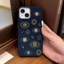 Ucuc iPhone 13/14 Uyumlu Mavi Deri Dokulu Silikon Kamerayı Korur Şok Emici Nazar Boncuğu Kılıf
