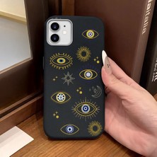 Ucuc iPhone 12/12 Pro Uyumlu Siyah Deri Dokulu Silikon Kamerayı Korur Şok Emici Nazar Boncuğu Kılıf