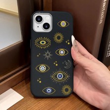 Ucuc iPhone 14 Plus/15 Plus Uyumlu Siyah Deri Dokulu Silikon Kamerayı Korur Şok Emici Nazar Boncuğu Kılıf