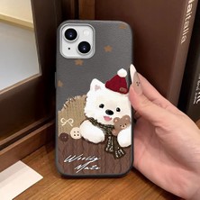 Ucuc iPhone 14 Plus/15 Plus Uyumlu Gri Deri Dokulu Silikon Kamerayı Korur Şok Emici Sevimli Köpek Deseni Kılıf