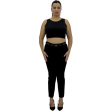 Carmito Büyük Beden Yüksek Bel Toparlayıcı Kemerli Dar Paça Taş Detaylı Örme Kadın Pantolon