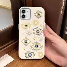 Ucuc iPhone 12/12 Pro Uyumlu Beyaz Deri Dokulu Silikon Kamerayı Korur Şok Emici Nazar Boncuğu Kılıf