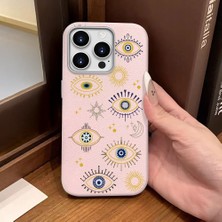 Ucuc iPhone 14 Pro Uyumlu Pembe Deri Dokulu Silikon Kamerayı Korur Şok Emici Nazar Boncuğu Kılıf