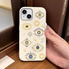 Ucuc iPhone 14 Plus/15 Plus Uyumlu Beyaz Deri Dokulu Silikon Kamerayı Korur Şok Emici Nazar Boncuğu Kılıf