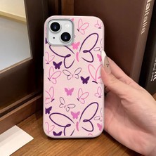 Ucuc iPhone 14 Plus/15 Plus Uyumlu Pembe Deri Dokulu Silikon Kamerayı Korur Şok Emici Kelebek Kılıf