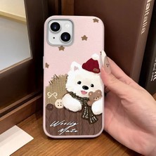 Ucuc iPhone 13/14 Uyumlu Pembe Deri Dokulu Silikon Kamerayı Korur Şok Emici Sevimli Köpek Deseni Kılıf