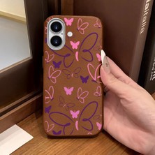 Ucuc iPhone 16 Uyumlu Kahverengi Deri Dokulu Silikon Kamerayı Korur Şok Emici Kelebek Kılıf
