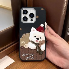 Ucuc iPhone 15 Pro Uyumlu Siyah Deri Dokulu Silikon Kamerayı Korur Şok Emici Sevimli Köpek Deseni Kılıf