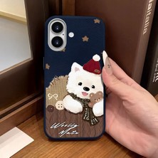 Ucuc iPhone 16 Uyumlu Mavi Deri Dokulu Silikon Kamerayı Korur Şok Emici Sevimli Köpek Deseni Kılıf
