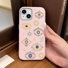 Ucuc iPhone 14 Plus/15 Plus Uyumlu Pembe Deri Dokulu Silikon Kamerayı Korur Şok Emici Nazar Boncuğu Kılıf
