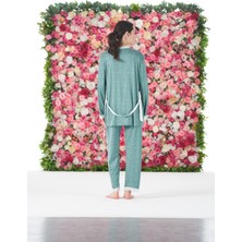 Estiva Kadın Yazlık Desenli 3 Parça Sabahlıklı Ip Askılı Likra Viskon Pijama Takımı - Yeşil