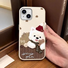 Ucuc iPhone 15 Uyumlu Beyaz Deri Dokulu Silikon Kamerayı Korur Şok Emici Sevimli Köpek Deseni Kılıf