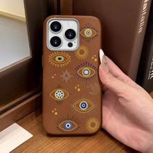 Ucuc iPhone 16 Pro Uyumlu Kahverengi Deri Dokulu Silikon Kamerayı Korur Şok Emici Nazar Boncuğu Kılıf