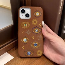 Ucuc iPhone 13/14 Uyumlu Kahverengi Deri Dokulu Silikon Kamerayı Korur Şok Emici Nazar Boncuğu Kılıf