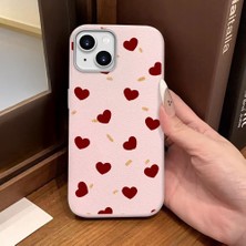 Ucuc iPhone 14 Plus/15 Plus Uyumlu Pembe Deri Dokulu Silikon Kamerayı Korur Şok Emici Kılıf Kalp Deseni