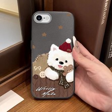 Ucuc iPhone 7/8/se 2020 2022 Uyumlu Gri Deri Dokulu Silikon Kamerayı Korur Şok Emici Sevimli Köpek Deseni Kılıf