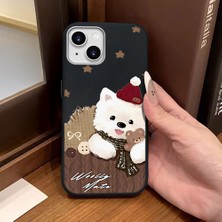 Ucuc iPhone 14 Plus/15 Plus Uyumlu Siyah Deri Dokulu Silikon Kamerayı Korur Şok Emici Sevimli Köpek Deseni Kılıf