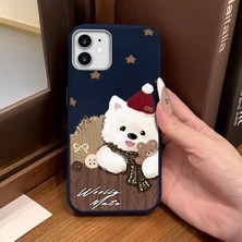 Ucuc iPhone 12/12 Pro Uyumlu Mavi Deri Dokulu Silikon Kamerayı Korur Şok Emici Sevimli Köpek Deseni Kılıf